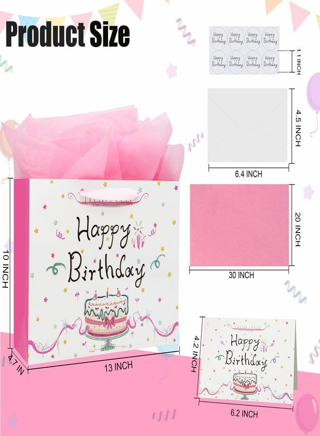 Oletx 13" Large Happy Birthday Pink Paper Bags,Pink Gift Party Favor Bags with Tissue Paper Birthday Card for Women' Party,Mother's Day - Image 2